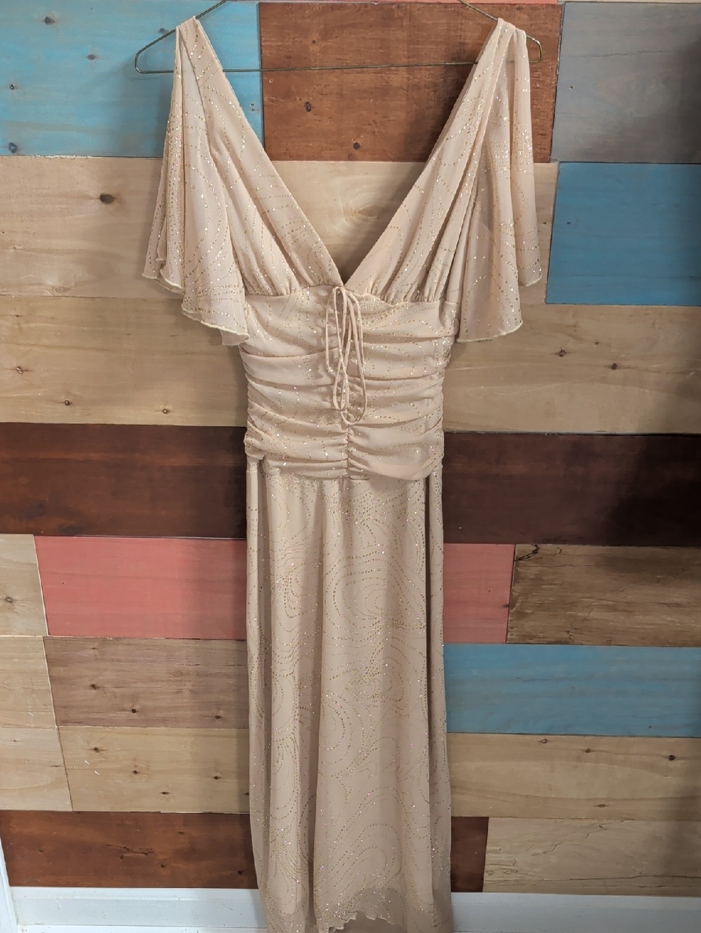 Wishes Wishes Wishes Champagne-Beige Beaded V-Neck Maxi Dress